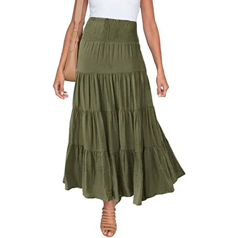 Custom Bohemian Women Summer Casual Elegant Plain A-line Tiered Maxi Skirt