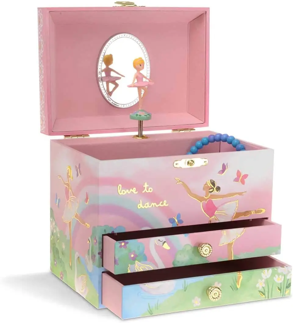 Children Ballerina and Rainbow Musical Jewelry Box with 2 Pullout Drawers  Swan Lake Tune