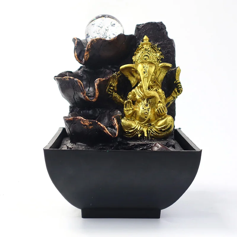 Hindu Elephant God Statue Feng Shui Waterfall Relaxation Indoor Tabletop Ganesha Water Fountain