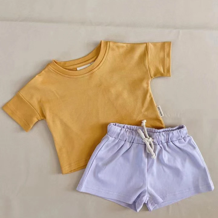 
2021 cotton kid clothing set macaron plain solid solor children t shirt and short 2 pcs set children girl sports clothes sets 