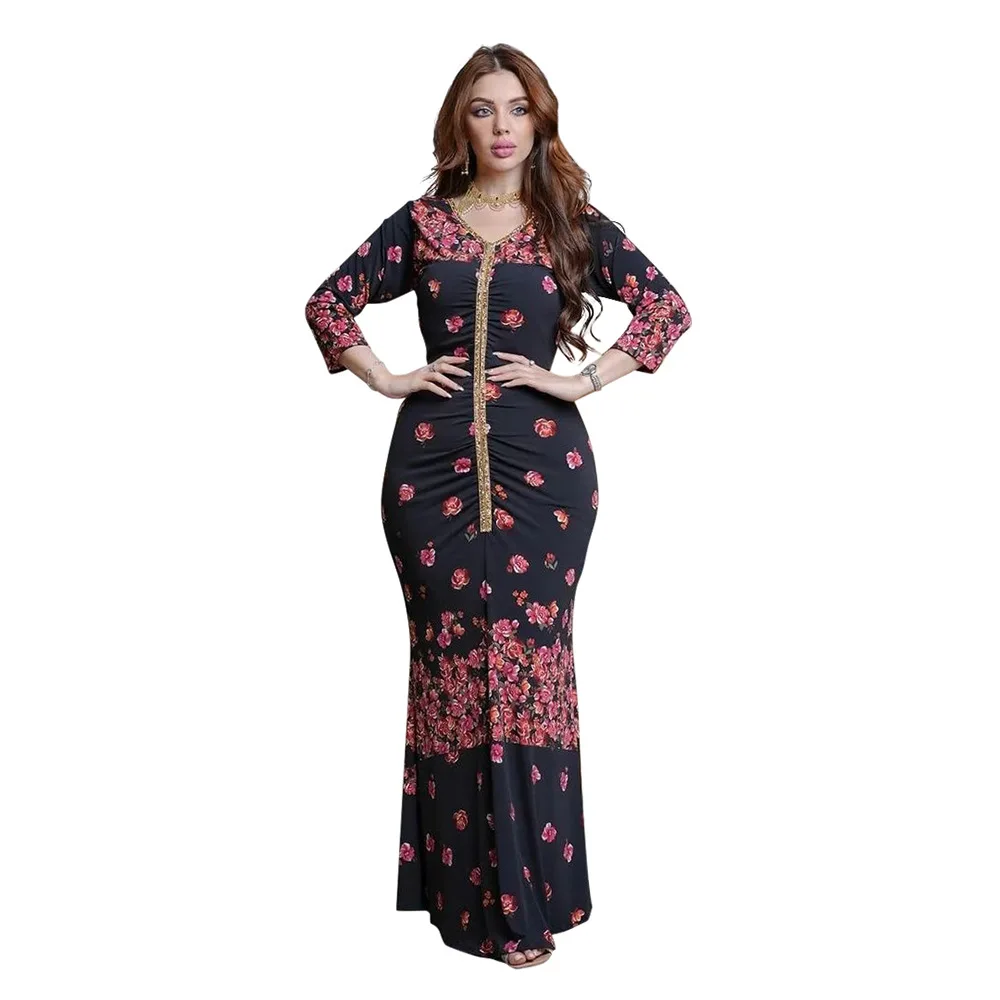 U.Chic Luxury Embroidered Tight Floral-print Dubai Kaftan Muslim Moroccan Dress Islamic Clothing Abaya Dubai
