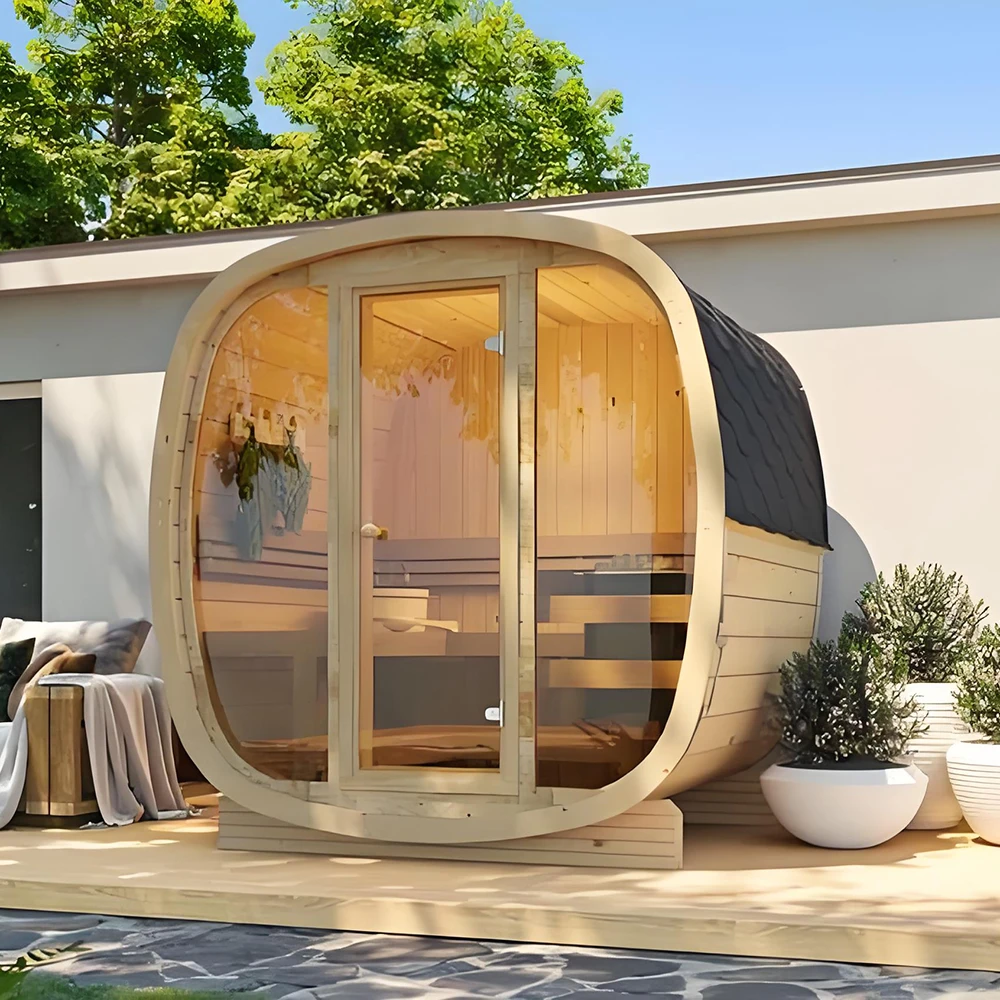 custom stylish 4-person outdoor cubic sauna Traditional sauna Infrared sauna Wooden house with Windows