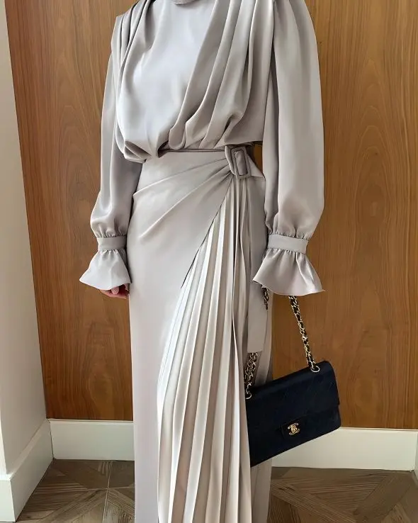 Two Pieces Sets Satin Abaya 2024 Modest Dress Slim Set Jilbab Muslim Clothing for Women