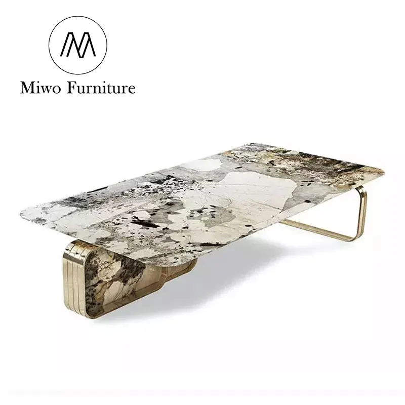 New Modern Italian Rectangle Coffee Table Designs with Gold Stainless Steel Luxury Natural Marble Center Table