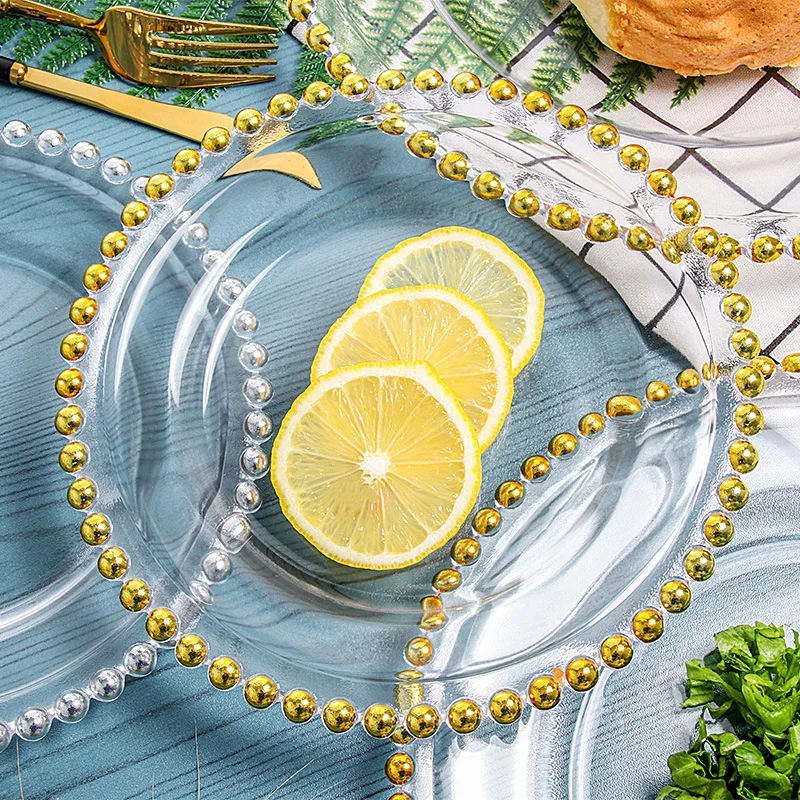 13 inches Wholesale Wedding Charger Plates Tableware Glass Dishes Gold or Silver Rimmed Glass Charger Plate Dinner Plate
