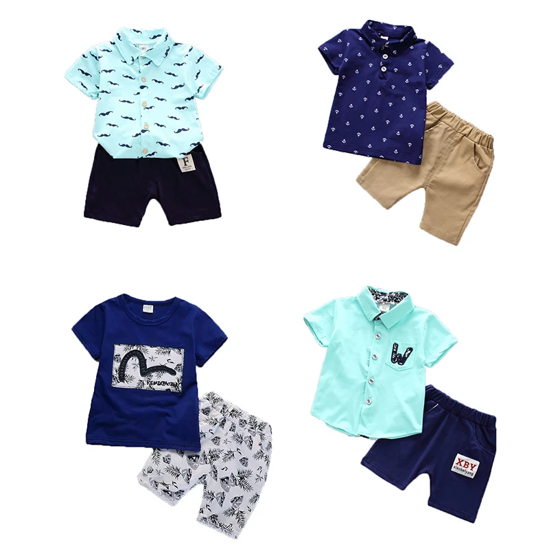 
2020 new summer wholesale boys casual loose leaf print lapel single breasted stand up collar shirt shorts two piece kids clothes 