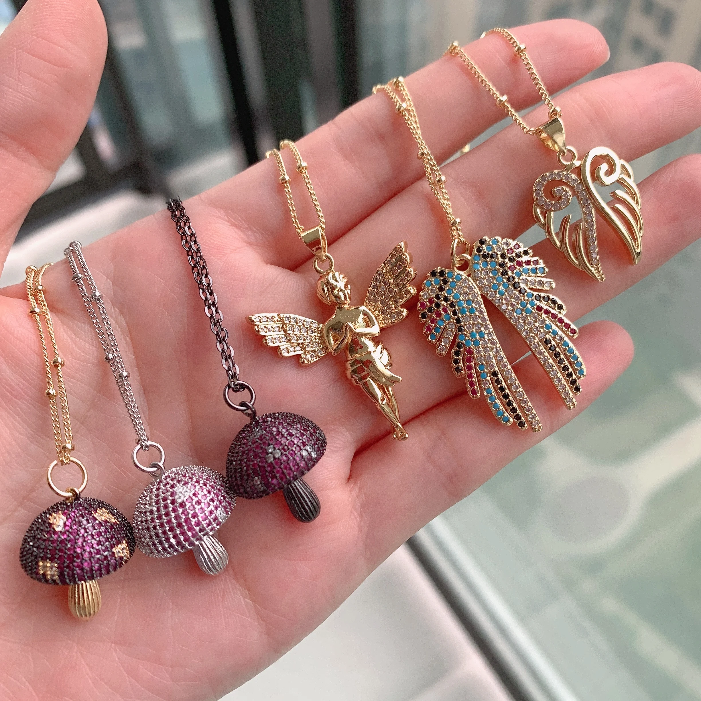 BD-B3788 Cute 18k gold plated necklace cz micro pave necklaces mushroom wings pendant necklace silver gun black chain jewelry