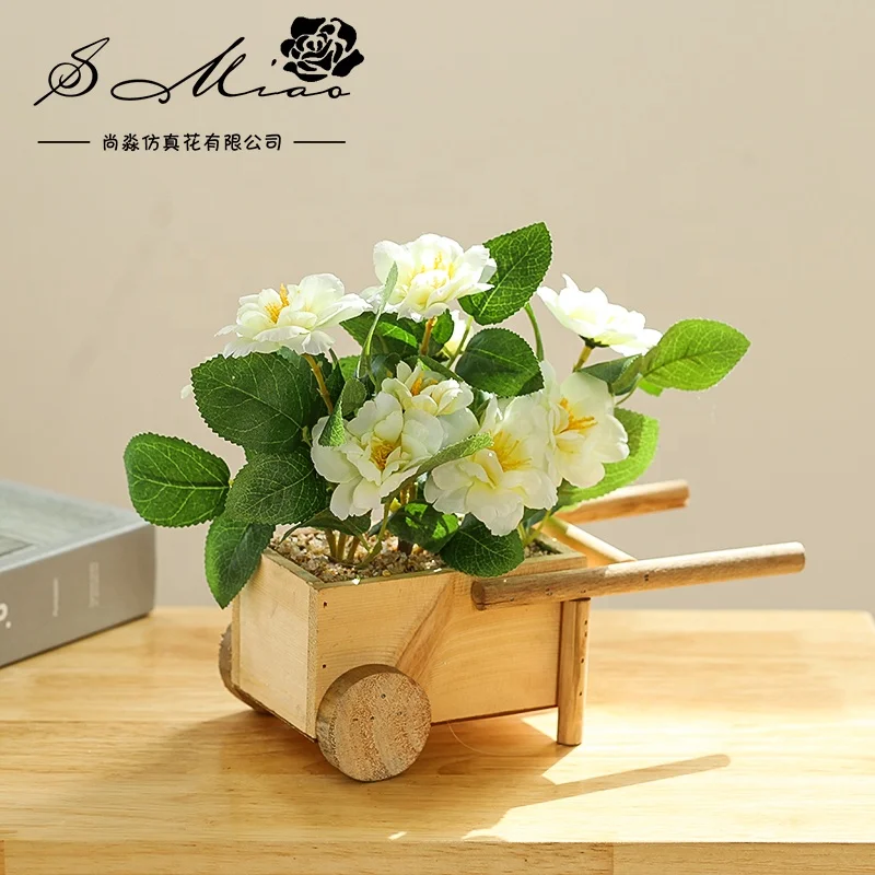 Newly designed artificial rose and wooden cart bonsai interior home decor