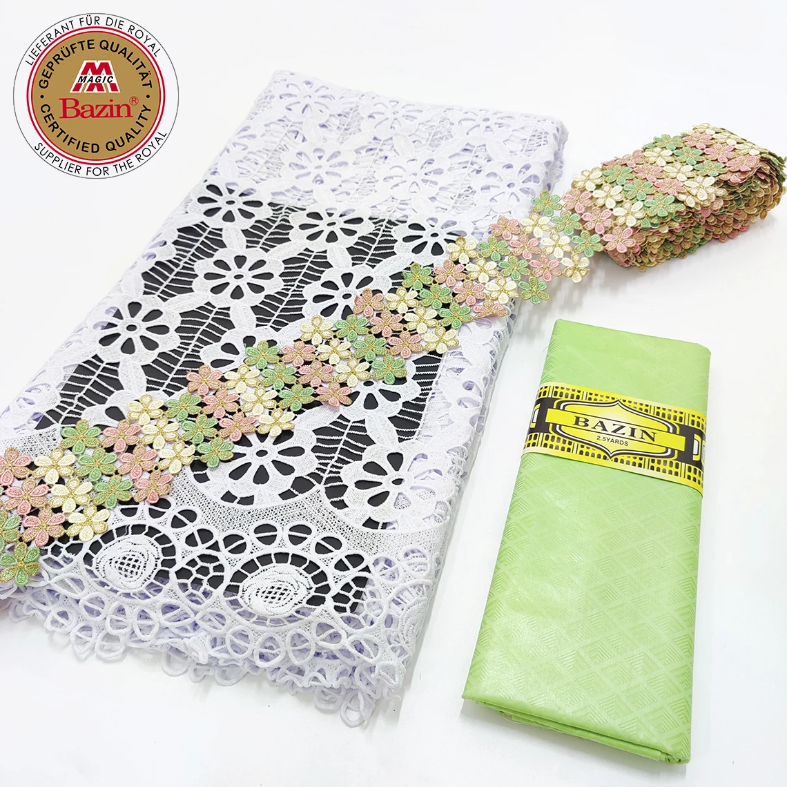 5+2.5+2.5 Yards Bazin Riche Fabric With Ribbon  With Embroidered Printed Milk Lace For Indian Guinea Evening Gown Lady Dress Ma