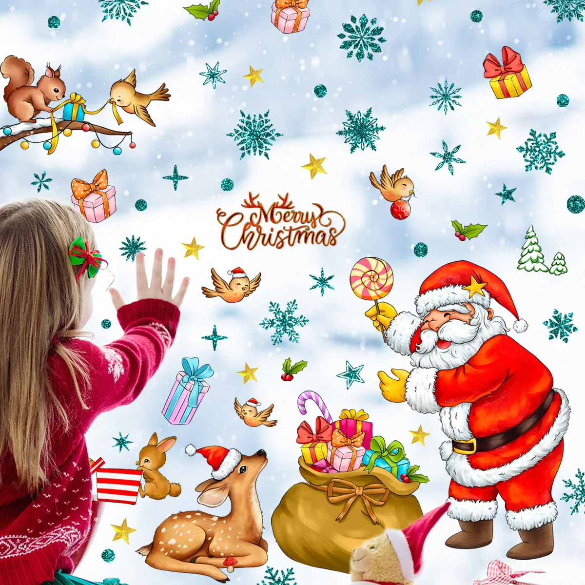 Snowflake santa Christmas window wall stickers electrostatic glass sticker home decoration double sided window sticker
