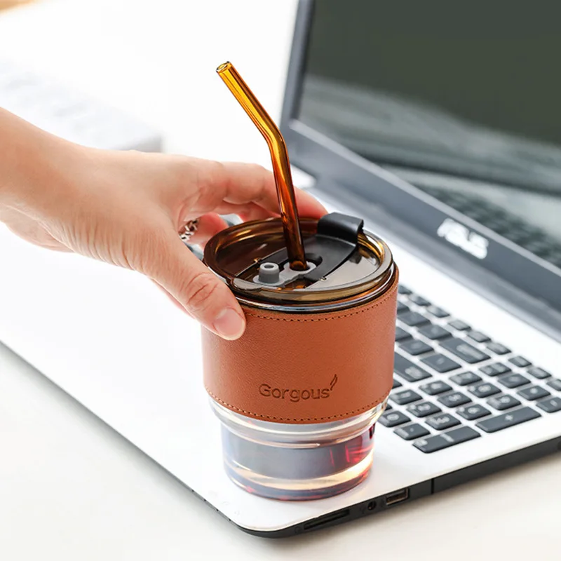 450ML Glass Coffee Cup With Lid And Straw Drinking Glass Tea Mug With Straw