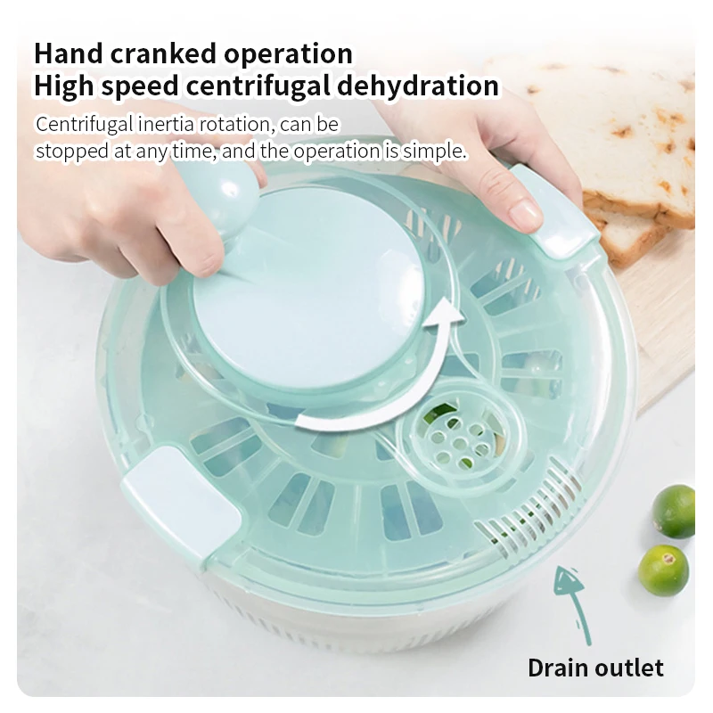 New Salad Dehydrator Manual Rotating Centrifugal Dehydration Tool Vegetable Fruit Cleaning Dehydrator Drain Basket Kitchen Tools