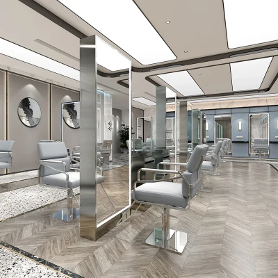 Scandinavian minimalist modern barber shop mirror, with LED lamp floor hairdressing mirror for hair salon