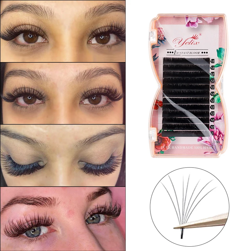 Yelix Profession Premium Pbt Fiber Handmade Lashes 3D .03/.05/.07 Volume Easy Auto Fan Lash Bloom Lashessh Extension