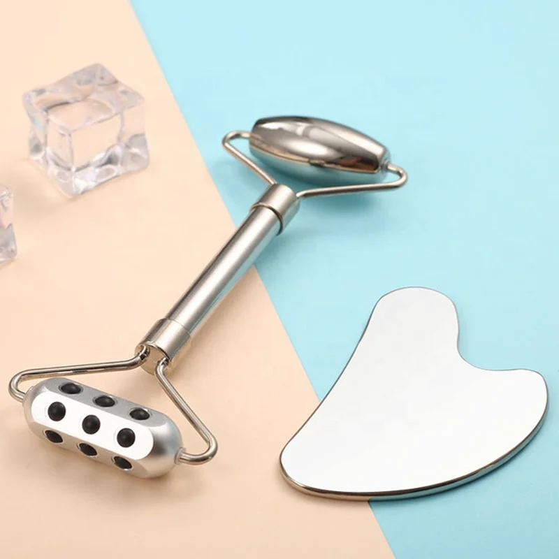 2022 New Design Germanium Roller With Double Headed 304 Stainless Steel Metal Face Roller Gua Sha Set