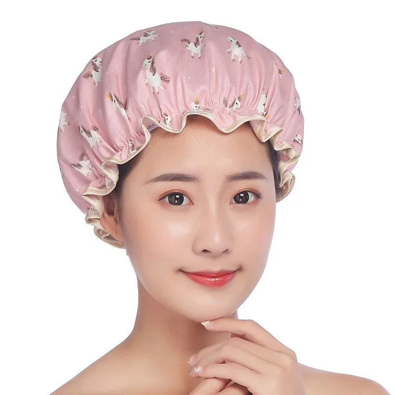 Alibaba Best Seller Custom Bath Caps PEVA Lined With Polyester Cotton Double Layer Waterproof Shower Cap (1600512185595)