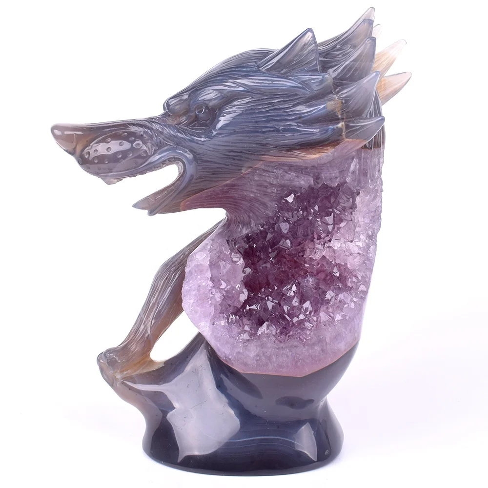 High Quality  Agate Geode Statue Crystal Hand Carved Wolf