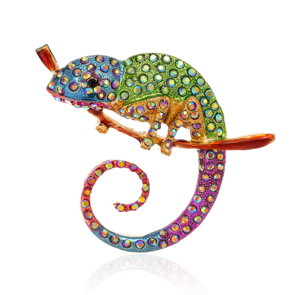 DRAL1184 New Colored Diamond Chameleon Brooch Painting Oil Animal Water Diamond Lizard Tree Climbing Pin Brooch Accessories