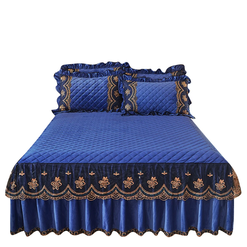 American Style Winter Thick Quilted Navy Blue Bed Skirts Sets (1600348257262)