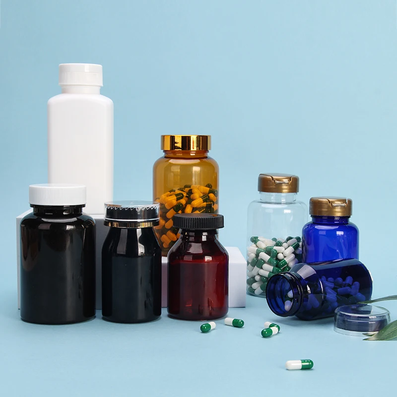 Hot luxury red green orange amber brown clear biodegradable pharmaceutical medicine bottle for pill capsule with child proof cap