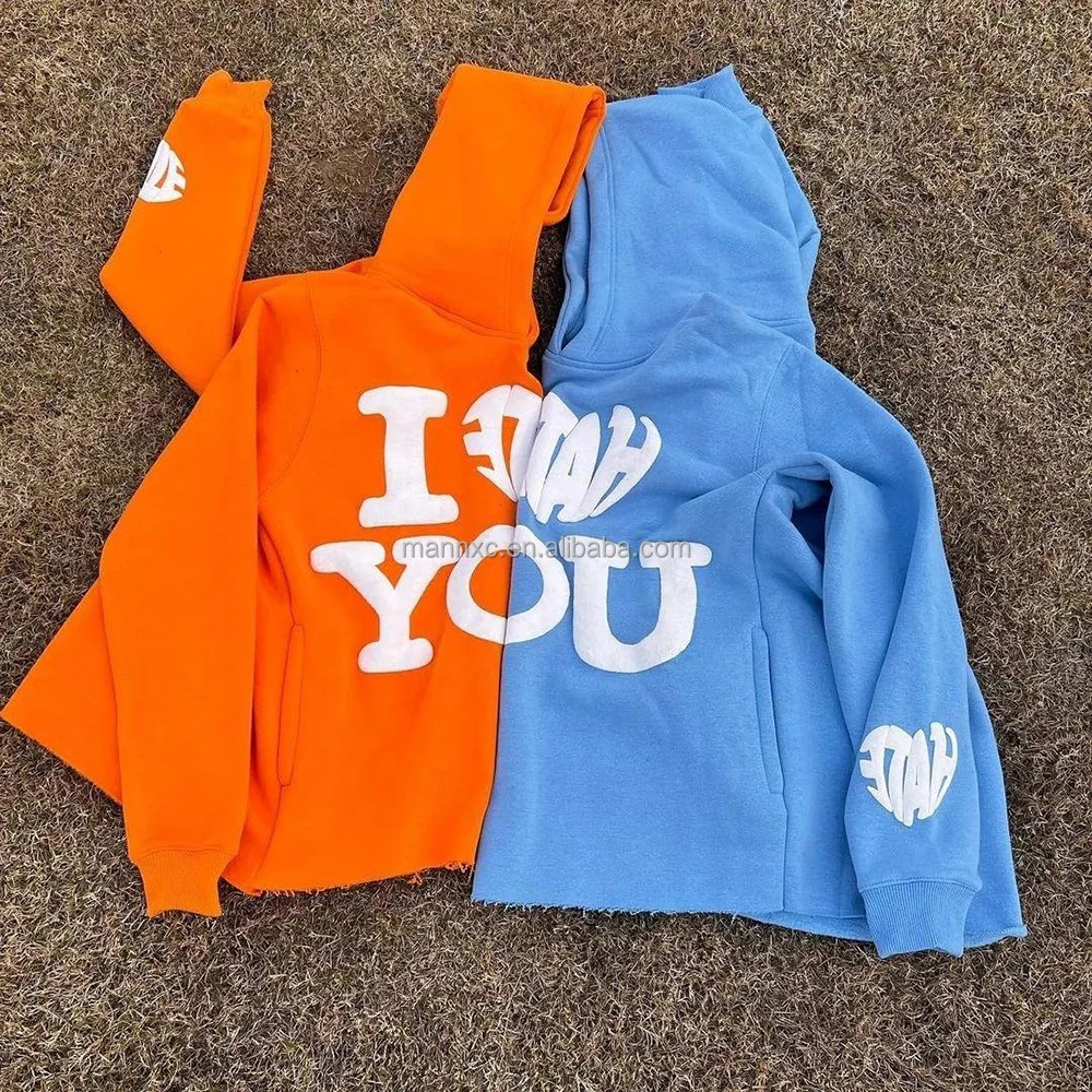 Oem 400gsm 450 Gsm Hoodie No String Pocket Crop Top Raw Hem Cut and Sew off Edge Custom 3D Foam Men Letter Puff Printing Hoodie