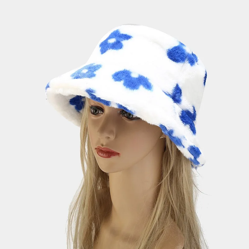 K1913 Winter Flower Bucket Hat Women Fashion Faux Fur Hats Reversible Bob Chapeau Femme Panama Fluffy Fisherman Hat