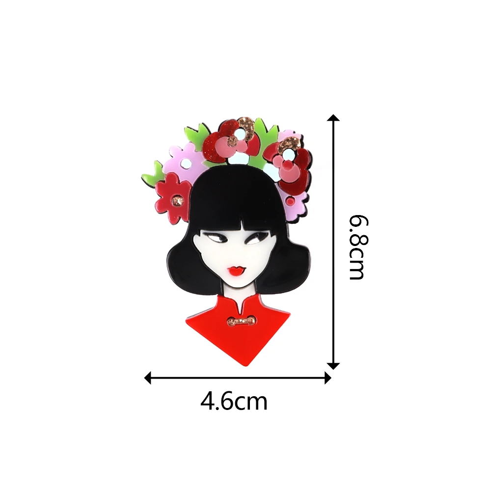Creative Japanese geisha garland Chinese girl red cheongsam sequin acrylic brooch for women