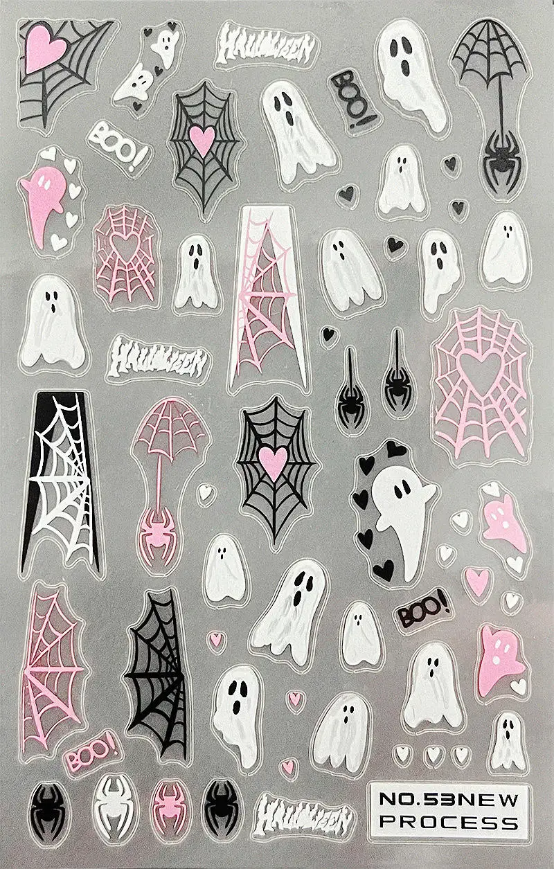 Halloween Pink Pumpkin Nail Stickers 3D Cute Skull Ghost Nail Slider Evil Eye Spider Nail Decals Art Decorations