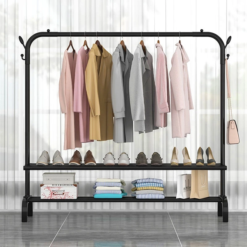 Wholesale Price Minimalist Design Household Coat Shoe Rack with Hooks Bedroom Black Coat Rack Commercial Garment Display Shelf