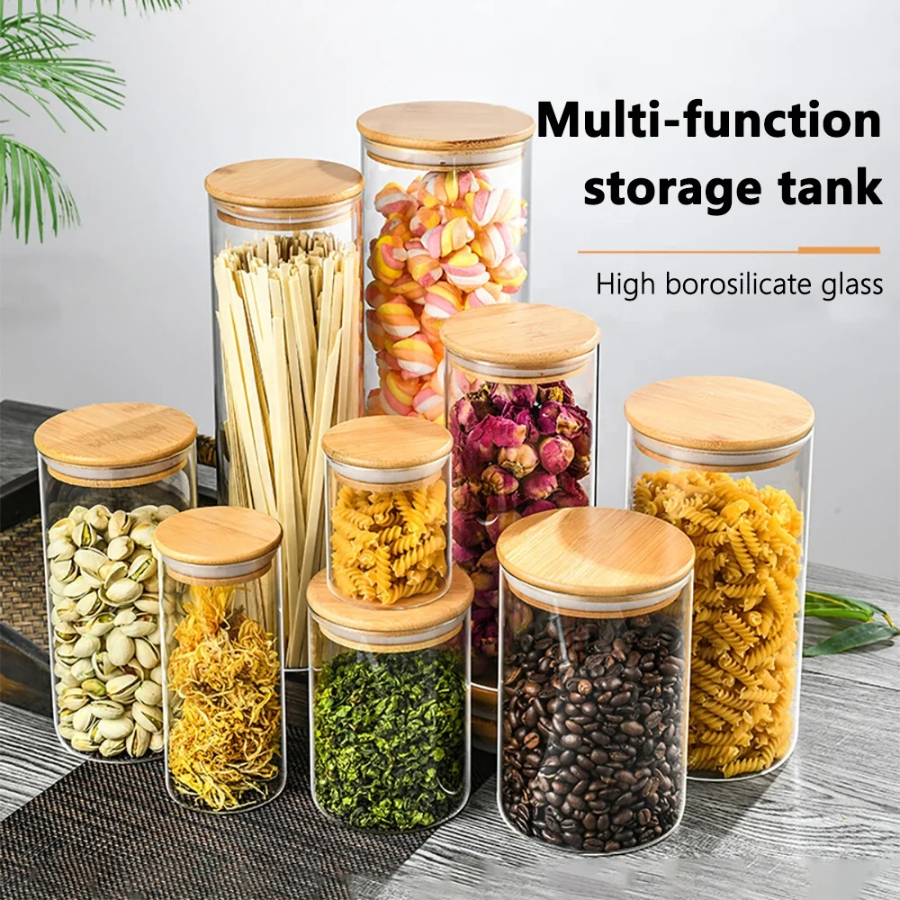 Round Airtight Coffee Tea Spice Glass Jar Kitchen Organizer Storage Bottles Sealed Glass Food Storage Jars with Bamboo Lid