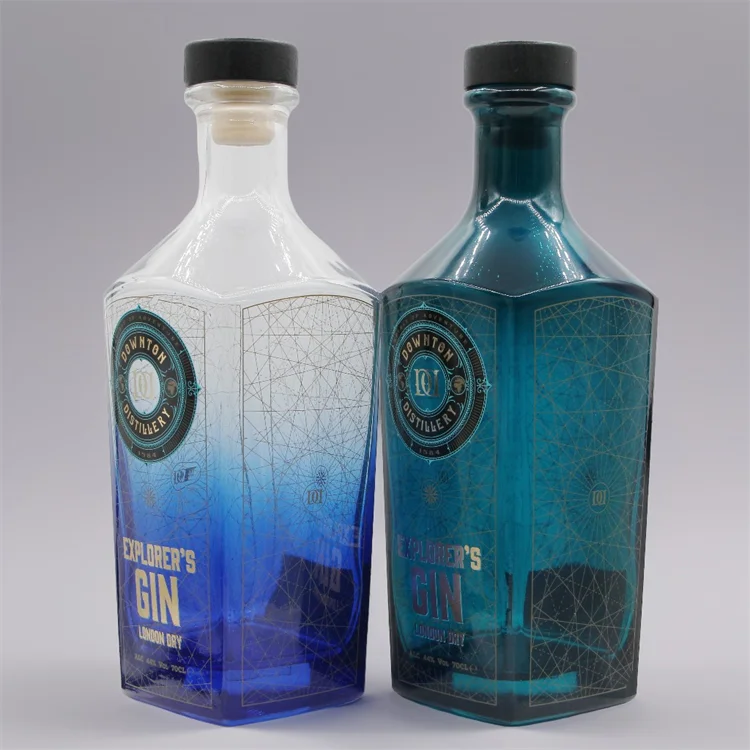 Luxury Custom square Blue Empty Whiskey Liquor Vodka Spirit Brandy Bottle 700ml with Cork