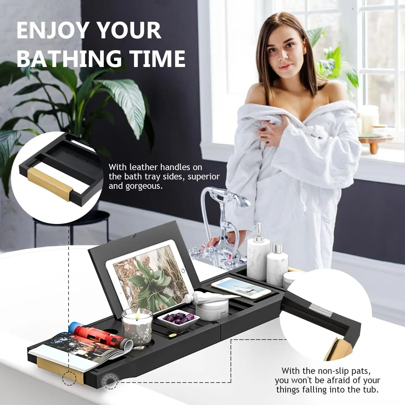 Bathtub Tray Bath Caddy Trays for Tub - Expandable Board and Book Stand Bamboo Bathtub Caddy Trays