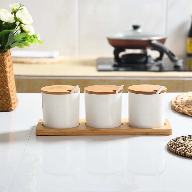 Nordic Kitchen Creative Ceramic three-piece set of Seasoning Jars With Spoon and Wooden Tray