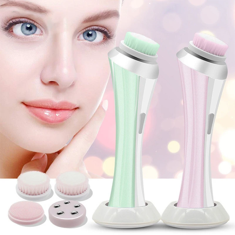4 in 1 Face Exfoliating Electric Facial Cleaner Silicone Scrub Pore Cleaner Spin Sonic Facial Cleansing Brush