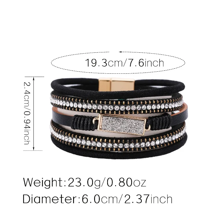 2021 New Fashion Bling Rhinestone PU Leather Bracelet Boho Handmade Multi Layer Rectangle Crystal Stone