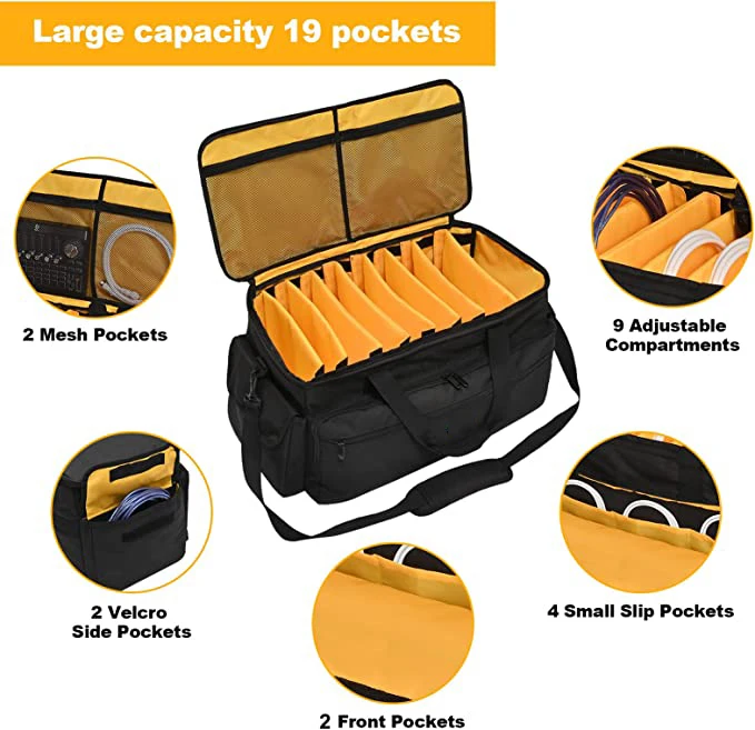 Large Capacity DJ Gig Bag Carry Case with Detachable Dividers and Storage Function Travel Storage Bags for Cables & Files