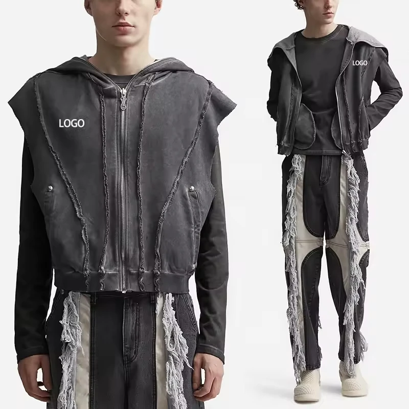 Custom  Embroidered Logo Sleeveless Letter Printed Hooded Tank Top Gym Hoodie Workout Clothes Full Zip Up Vest Hoodies For Men