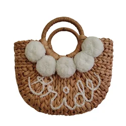 NY women travel beach tote summer handmade corn husk ladies bag accessories personality  bride wifey handbag pompom straw bag