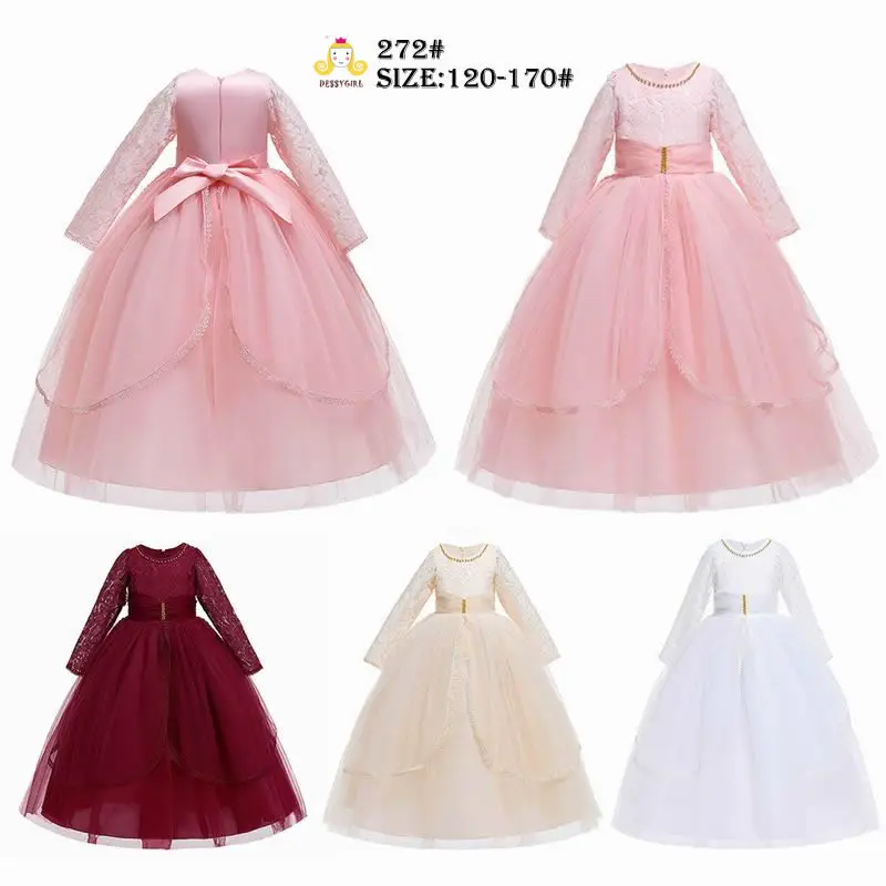 Baby Boutique Prom Dress Full-length Long Lace Sleeve Children Wedding Ball Gown