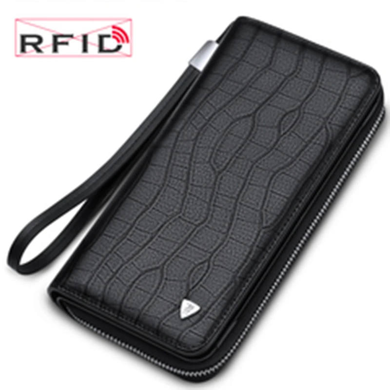 WILLIAMPOLO business men leather wallet long rfid credit card holder alloy zipper clutch large capacity phone leather wallet men