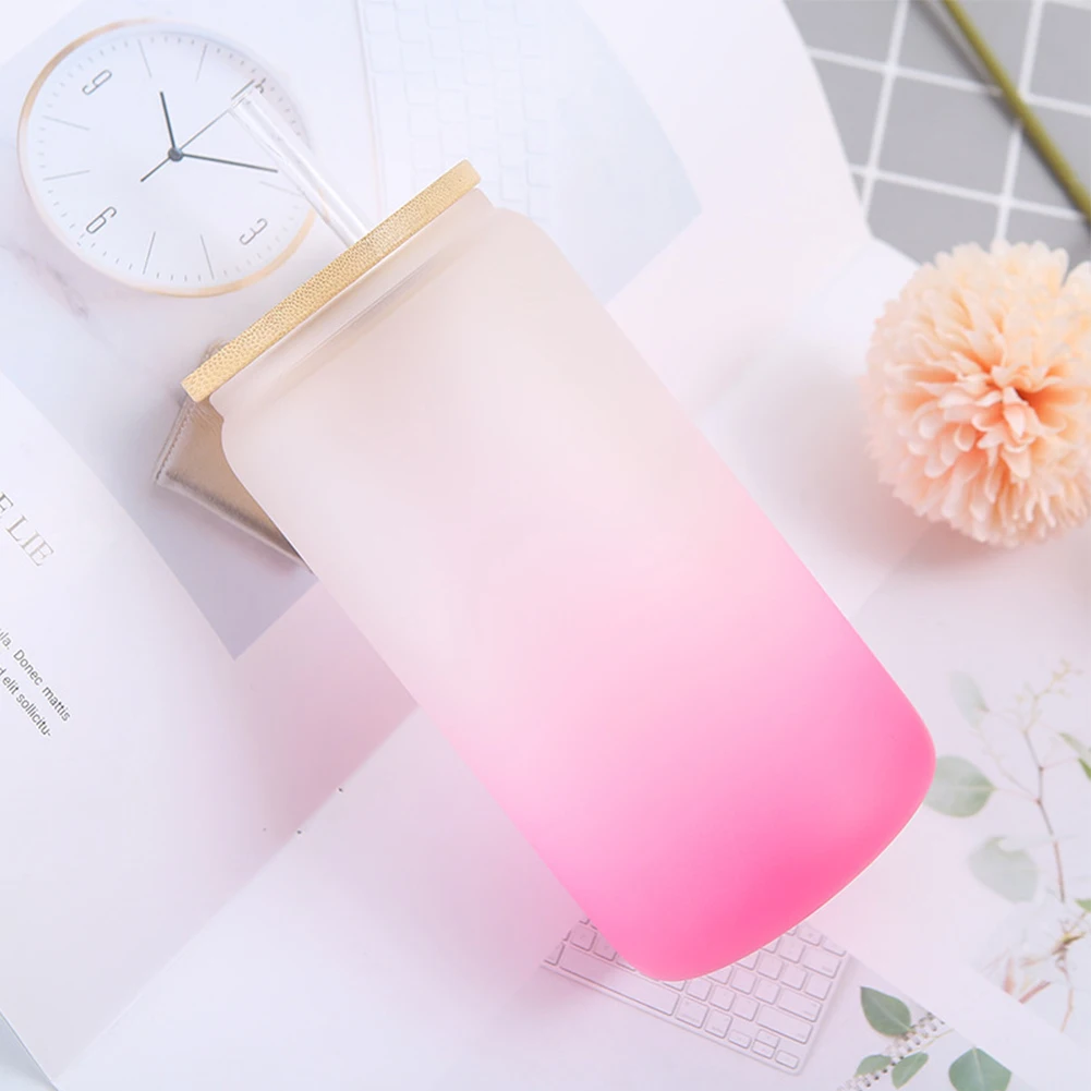 Gradient Color Blank Sublimation, Transparent Fruit Juice Beer Glasses Cups With Bamboo Lid And Straw/