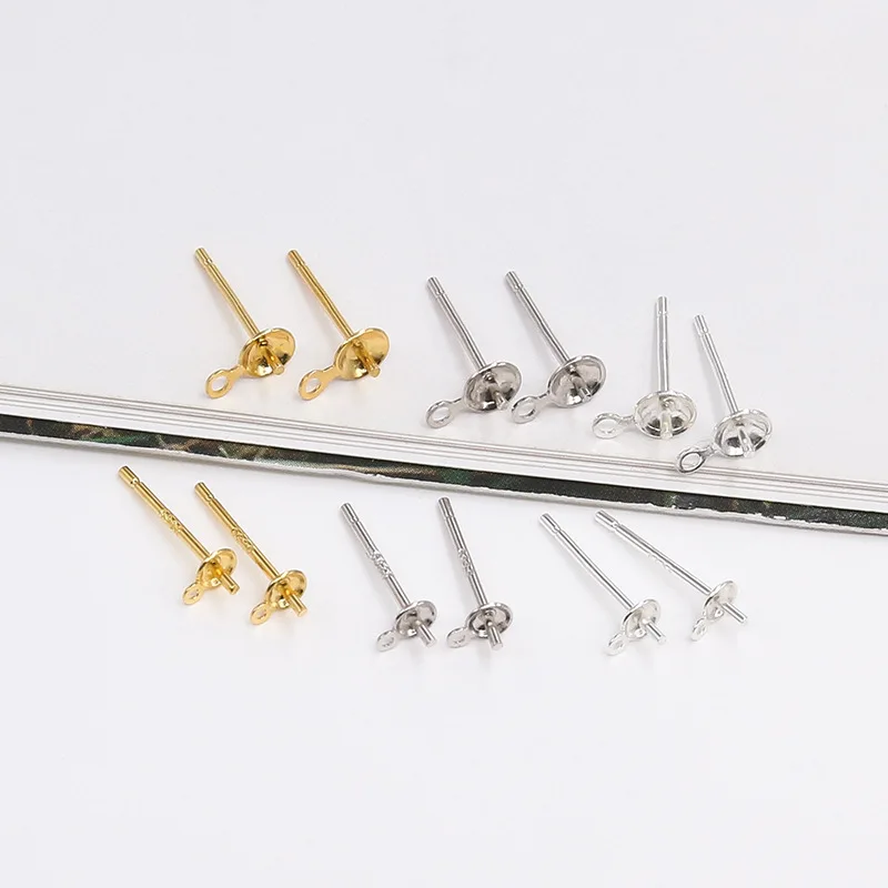 925 Sterling Silver Concave Pearl Stud Earrings Handmade DIY Jewelry Findings with Hollow Support and Pin Bead Tray Accessories