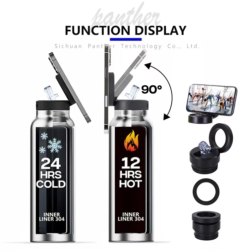 New Trend Product Insulated Magnetic Thermo Stainless Steel Magnet Drinking Water Bottle Bpa Free Cups With Phone Holder Lids