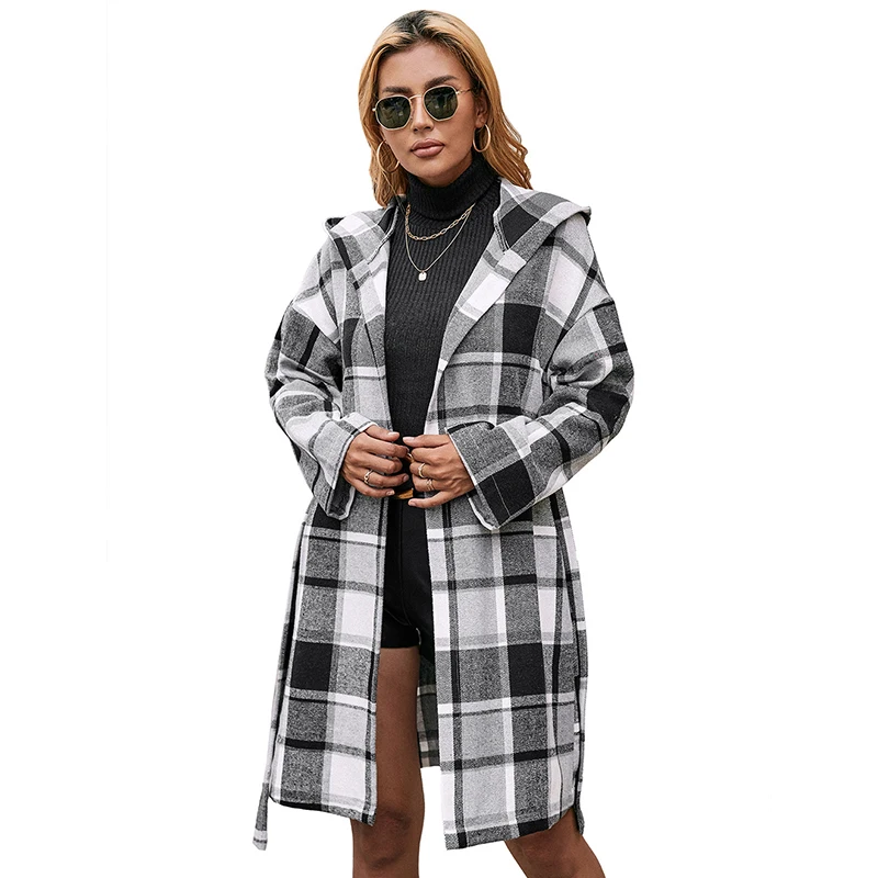 Loose Casual Plaid Coat Mid-Length With Belted Hooded Overcoat Jacket Plaid Woolen Coat Women
