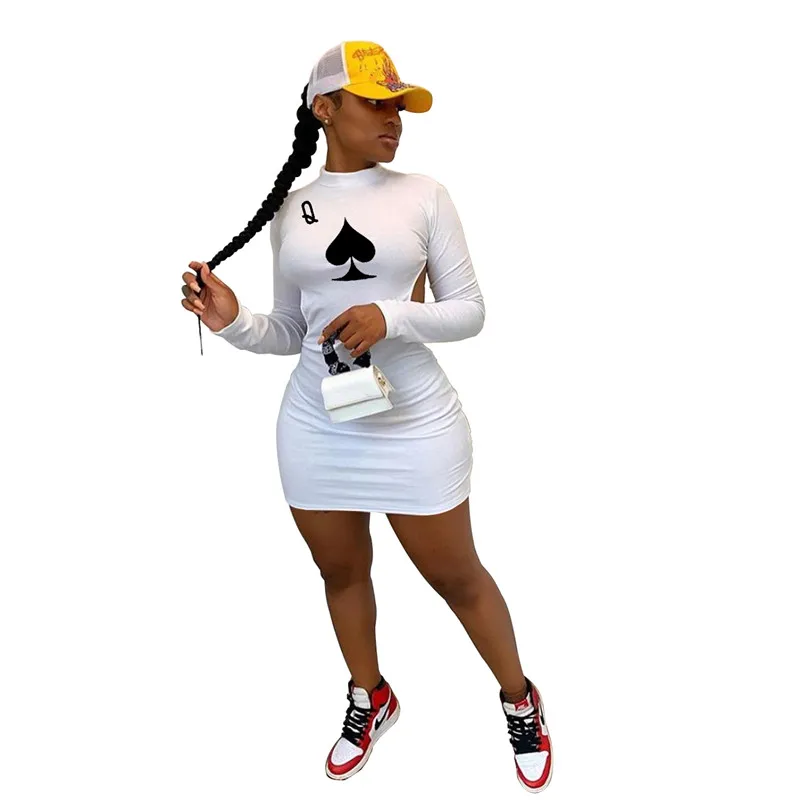 
Fall Letter Q Poker Spades Pattern Long Sleeve Halter Sexy Nightclub Dress Half High Collar Middle Dress 