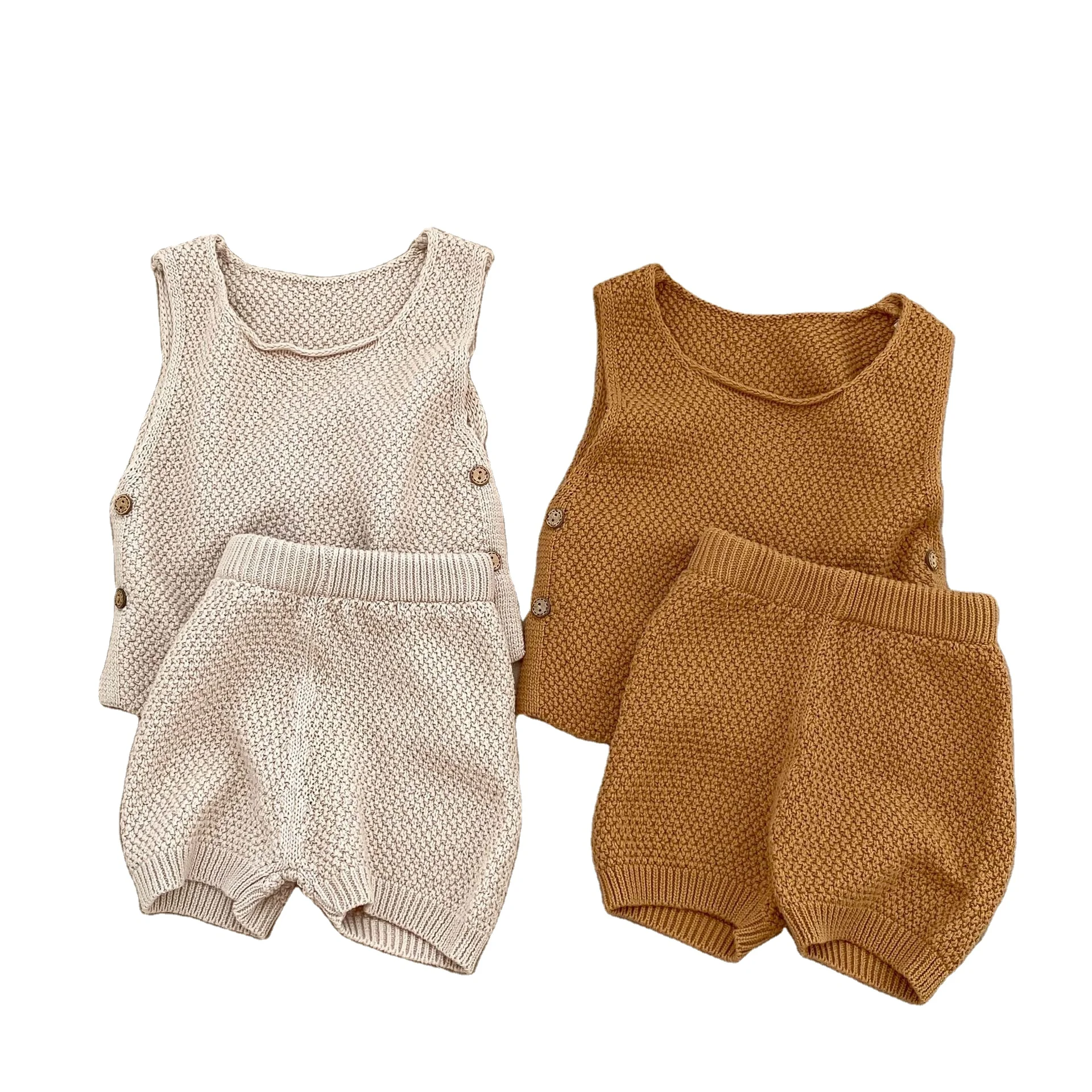 Soft Thin Knitwear Summer Sleeveless Tank Tops Shorts Infant Neutral Baby Boys Sweater Knit Clothes Set