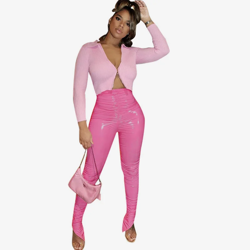 BEST SELL Skinny Ruched Leather Pants High Waist Stacked Pants for Women