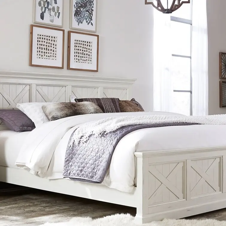 Odyhome DB393 Customized White Wood Hotel Bed For One Person Queen Size Barn Platform Bed Frame With Wooden Headboard