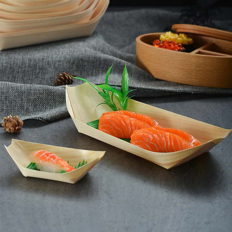 Vitalucks customized logo modern simple 9inch disposable pine birch bamboo japanese wooden sushi serving boat