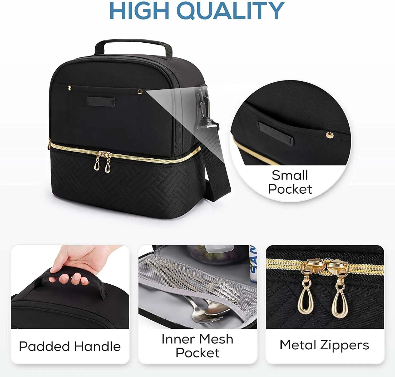 Custom Women Double Deck Lunch Box Insulated Bag Lunch Cooler Reusable Thermal Lunch Tote Bag